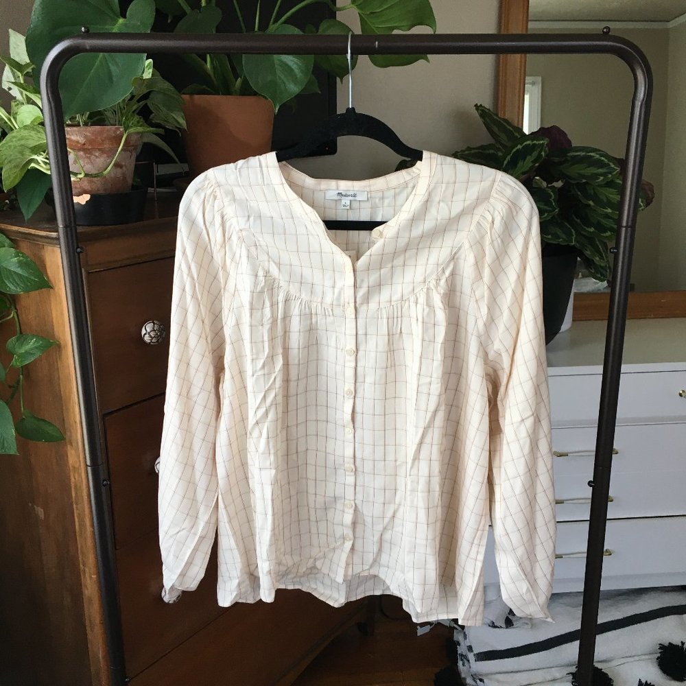 Madewell Cream Plaid Blouse size L EUC - Picture 2 of 8